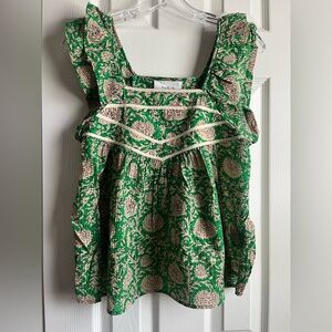 ba&sh Green and Cream Floral Ruffle Sleeveless Blouse Size 1, US Small, EU36